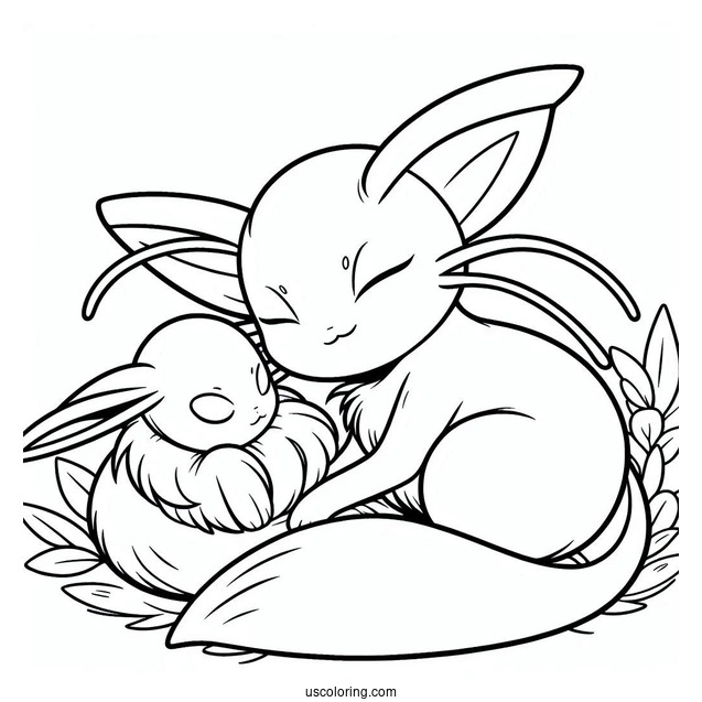 Mew Coloring Page Cuddling With Eevee