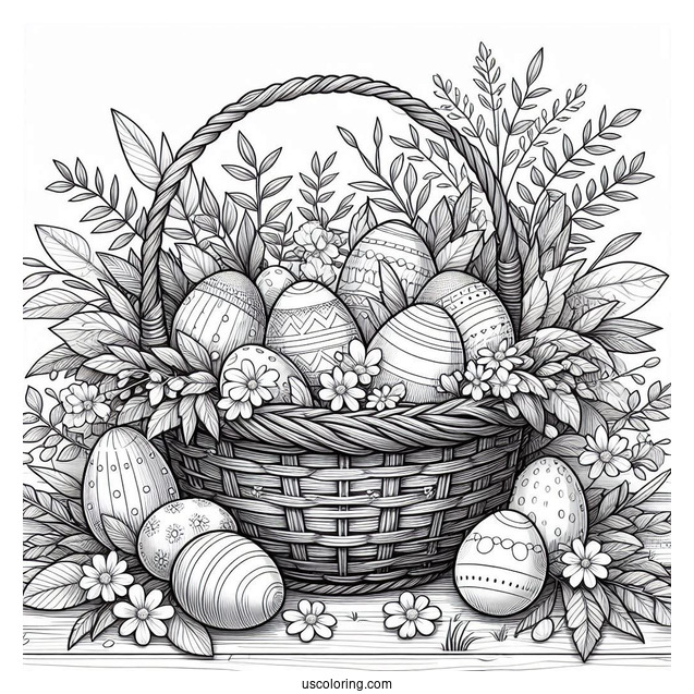 Detailed Basket Filled With Easter Eggs In Garden Coloring Sheet