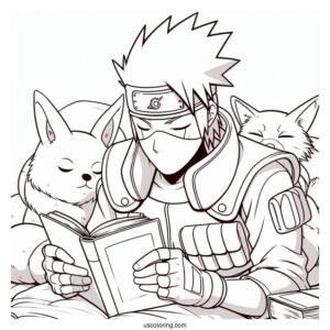 Kakashi Coloring Page Reading While Pakun And The Pack Sleeps Around Him