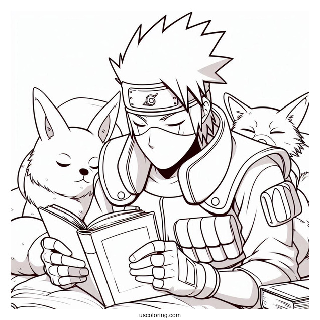 Kakashi Coloring Page Reading While Pakun And The Pack Sleeps Around Him