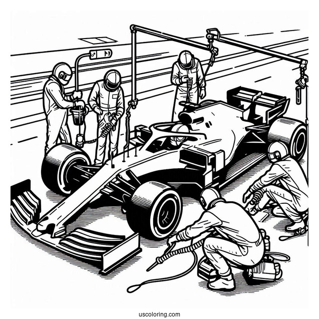 F1 Coloring Page Pit Stop Crew Servicing Race Car
