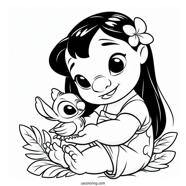 Lilo Holding a Baby Bird Coloring Page