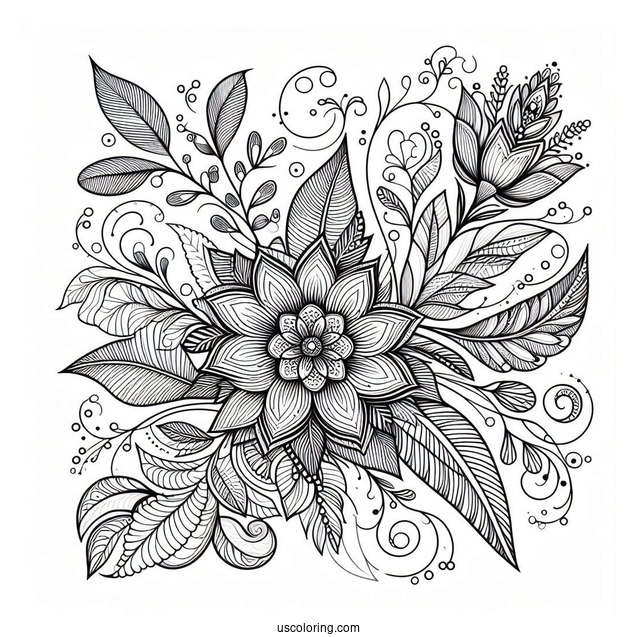Complex Flower And Leaves Pattern Coloring Page