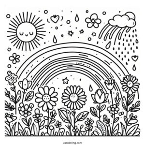 Spring Coloring Page Sun, Rainbow And Flower Field For Preschoolers