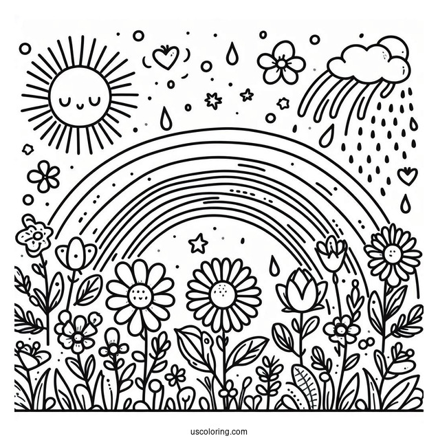 Spring Coloring Page Sun, Rainbow And Flower Field For Preschoolers
