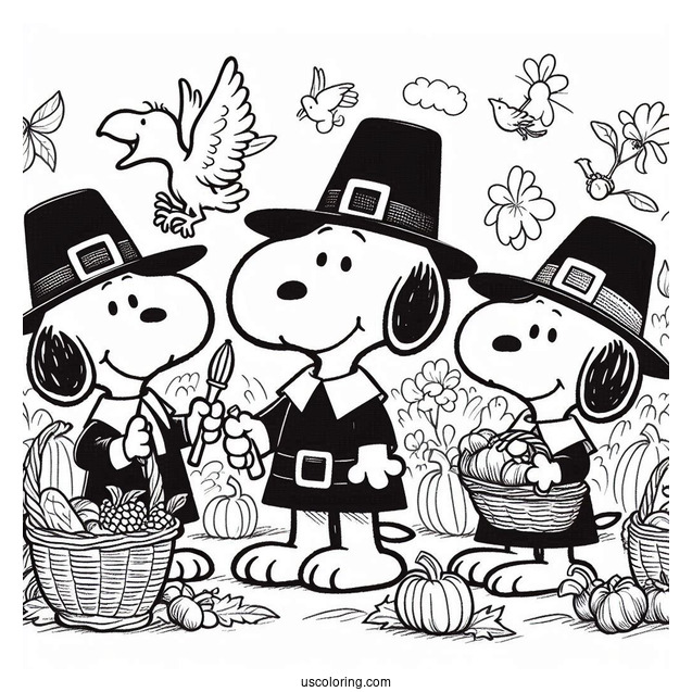 Snoopy And Friends Pilgrim Coloring Page Celebrating Thanksgiving