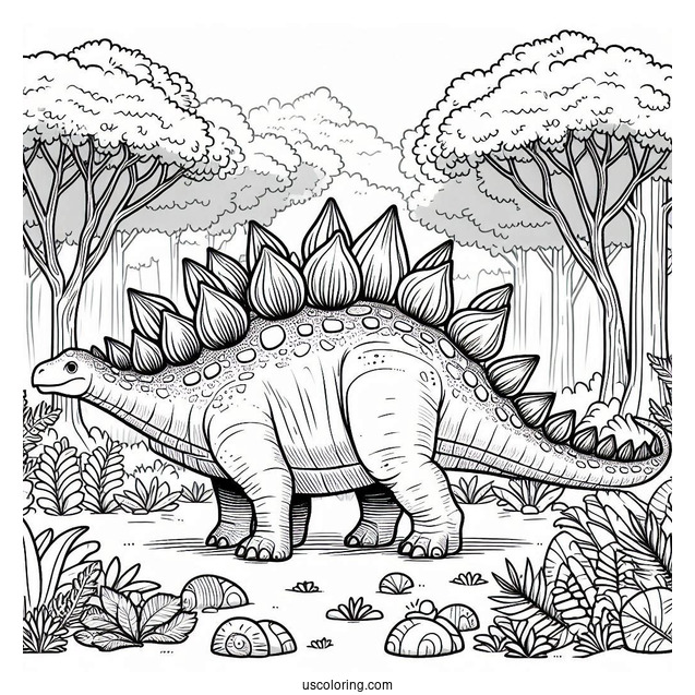 Realistic Stegosaurus Coloring Page In The Forest