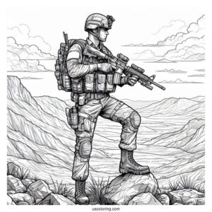 Armed Male Soldier Coloring Page Standing On Top Of Rocky Terrain