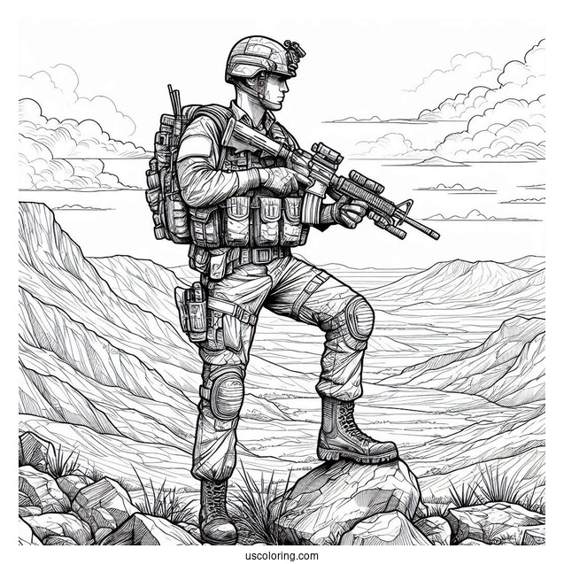 Armed Male Soldier Coloring Page Standing On Top Of Rocky Terrain