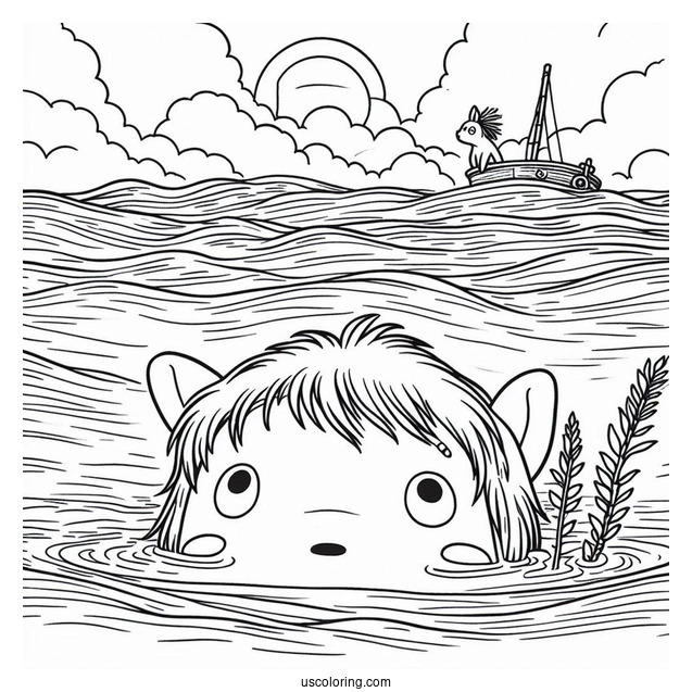 Studio Ghibli Coloring Page of Ponyo Peering Above The Ocean