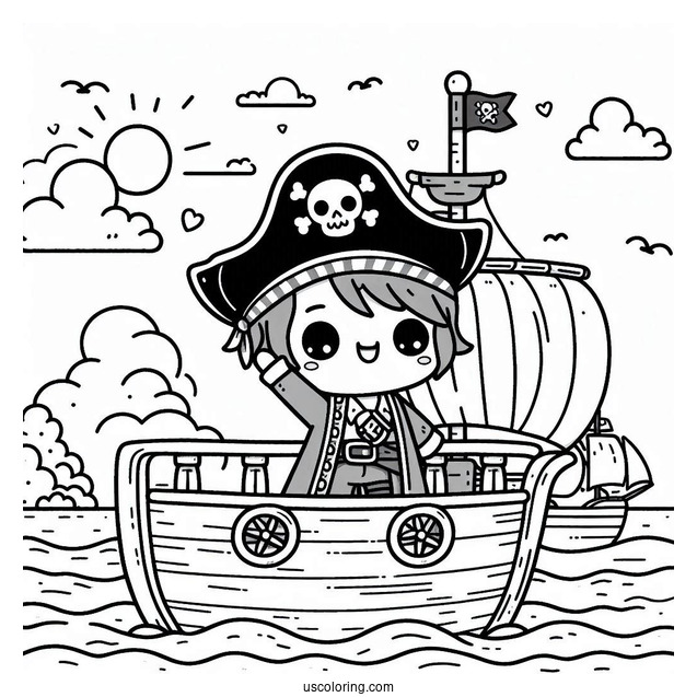 Kawaii Pirate On The Deck Of A Pirate Ship Coloring Page For Kids