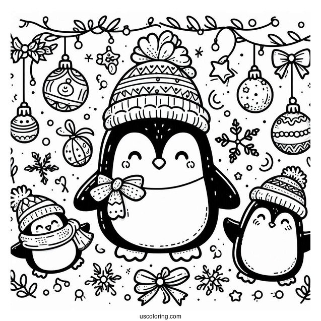 Cute Christmas Penguin With Decorations Coloring