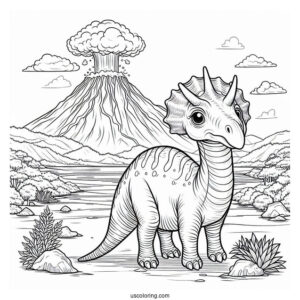 Parasaurolophus Coloring Page Standing In Front Of Volcano