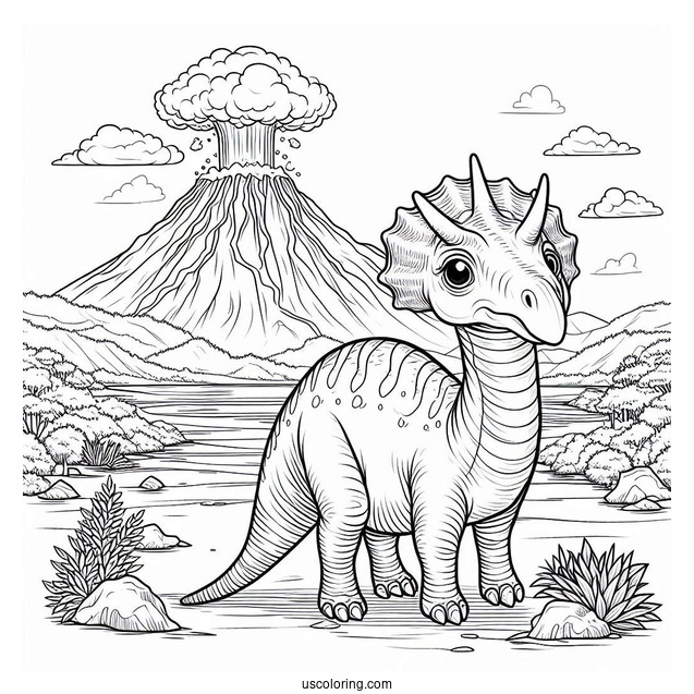 Parasaurolophus Coloring Page Standing In Front Of Volcano