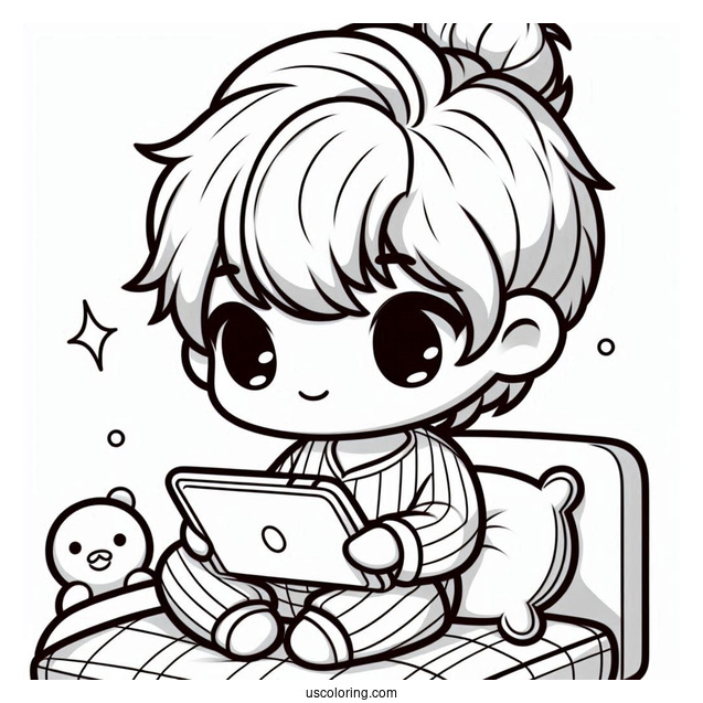 Chibi Little Boy Playing With His Tablet On His Bed