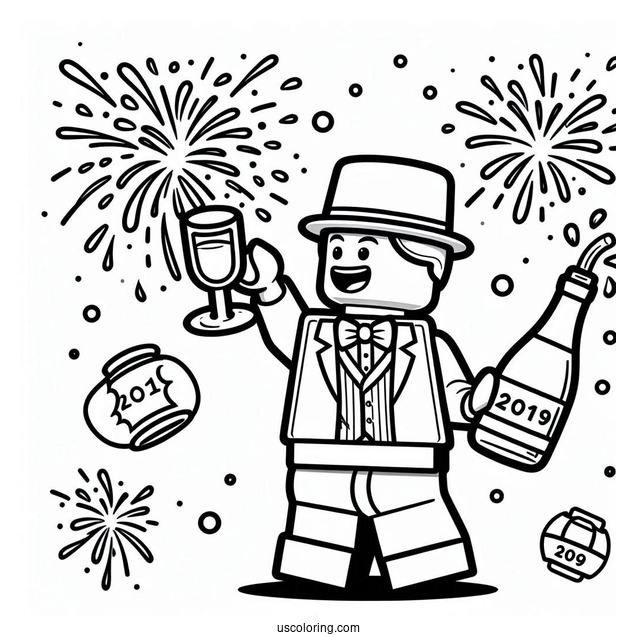 Lego Man Popping A Wine Bottle On New Year Coloring Page