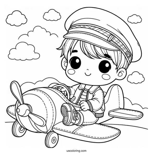 Cute Coloring Page Little Boy Riding An Airplane