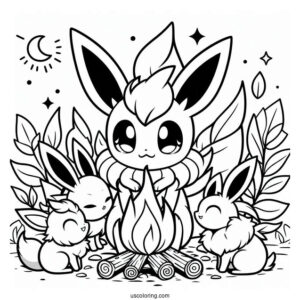 Sylveon Coloring Page With Other Eevee Evolutions Around Bonfire