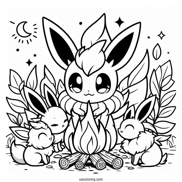 Sylveon Coloring Page With Other Eevee Evolutions Around Bonfire