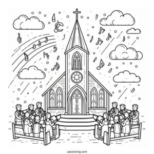 Easy Outline Of Church Coloring Page With Choir For Kids