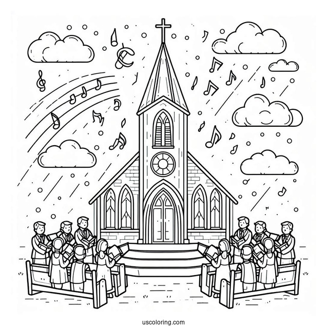 Easy Outline Of Church Coloring Page With Choir For Kids