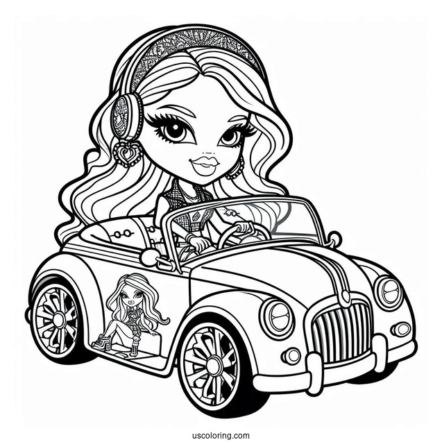 Bratz Dolls Riding Car Coloring Sheet