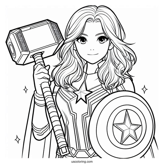 Coloring Page Of Captain America Holding Thors Hammer