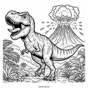 Roaring T-Rex With Volcano Erupting To Color