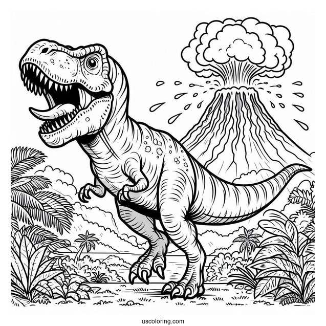 Roaring T-Rex With Volcano Erupting To Color