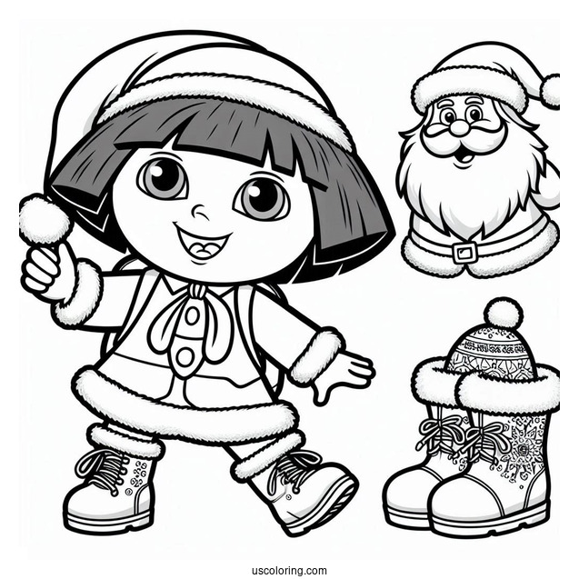 Dora With Boots And Santa Coloring Sheet