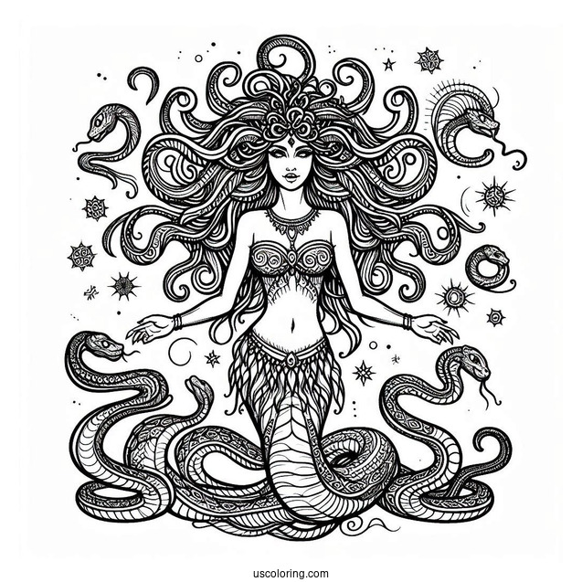 Pretty Medusa Coloring Page With Detailed Snakes