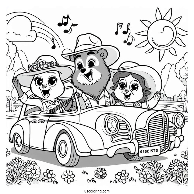 Sing Coloring Page Of Rosita, Gunter, And Friends Singing And Dancing In Front Of Car
