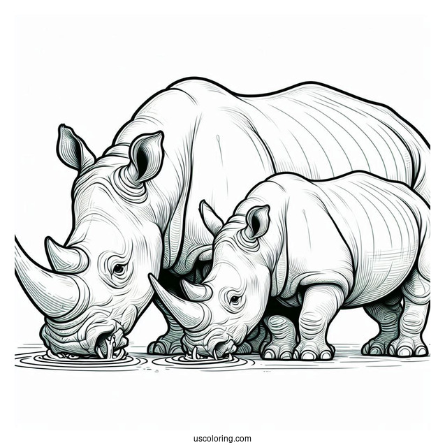 Two Rhinos Drinking Water To Color