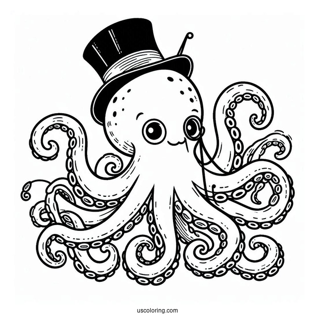 Octopus Coloring Page With Monocle And Top Hat