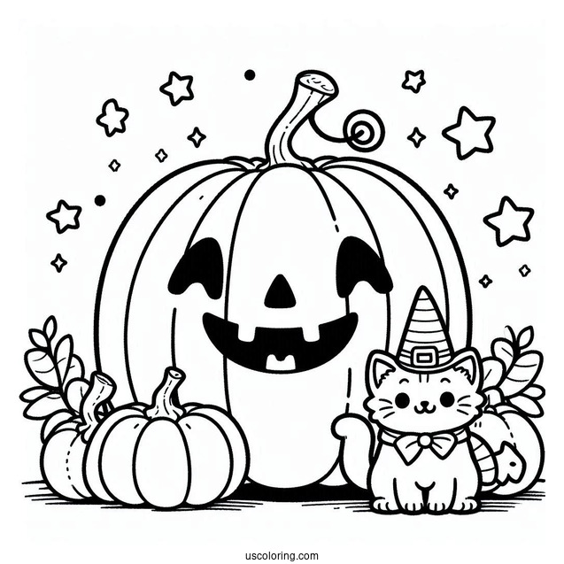 Pumpkin Coloring Page Of Cartoon Cats Beside A Large Jack O Lantern