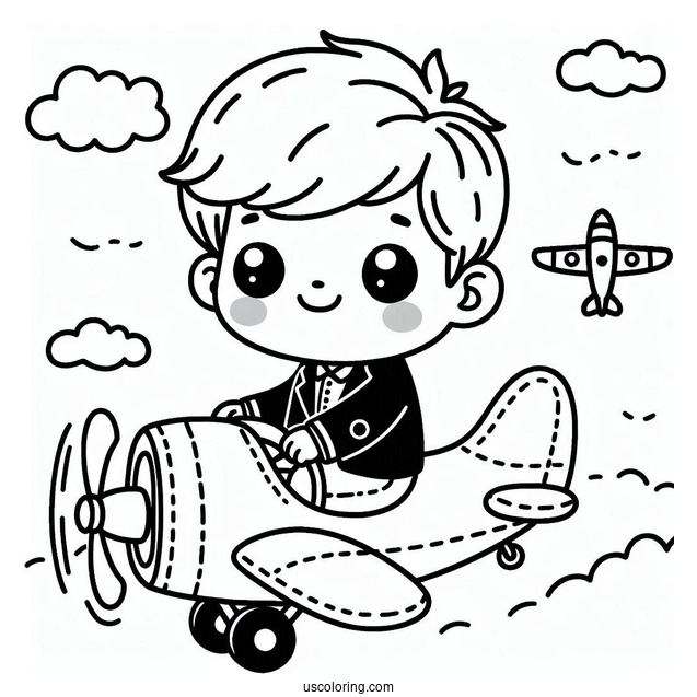 Cute Coloring Page Little Boy Riding An Airplane