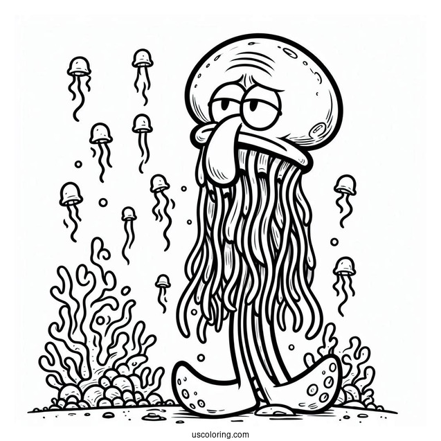 Jellyfish Scaring Squidward Coloring Page