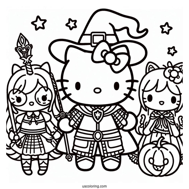 Sanrio Coloring Pages Of Hello Kitty Knight, Sorcerer My Melody, And Witch Kuromi