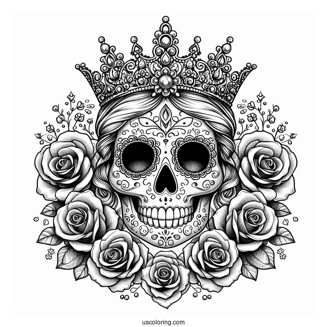 Realistic Sugar Skulls Coloring Page Costume With Tiara And Rose Wreath