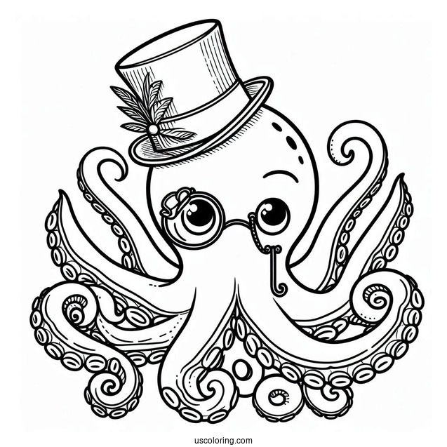 Octopus Coloring Page With Monocle And Top Hat