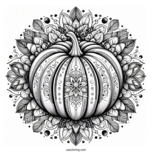 Top View Pumpkin Coloring Page Mandala With Floral Design