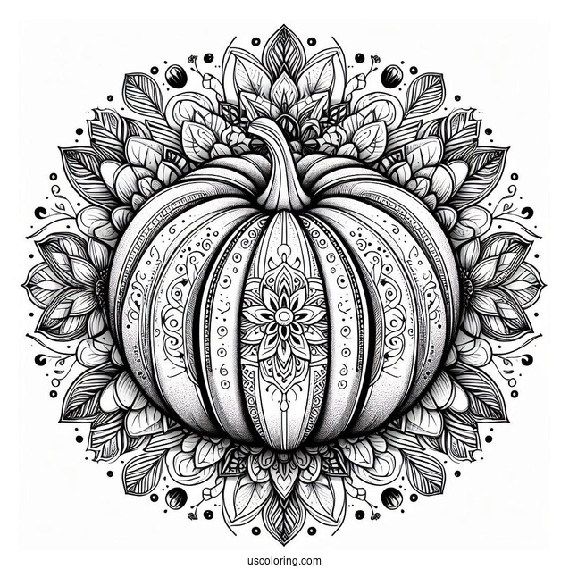 Top View Pumpkin Coloring Page Mandala With Floral Design