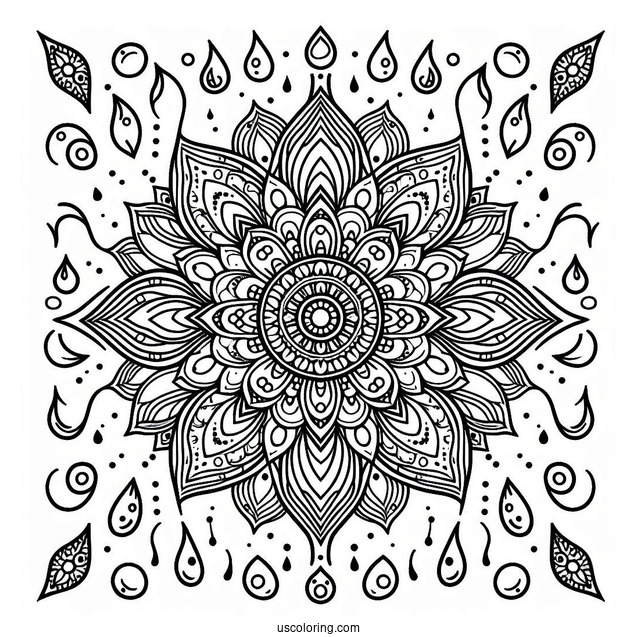 Rain Coloring Page Of Intricate Raindrop Mandala