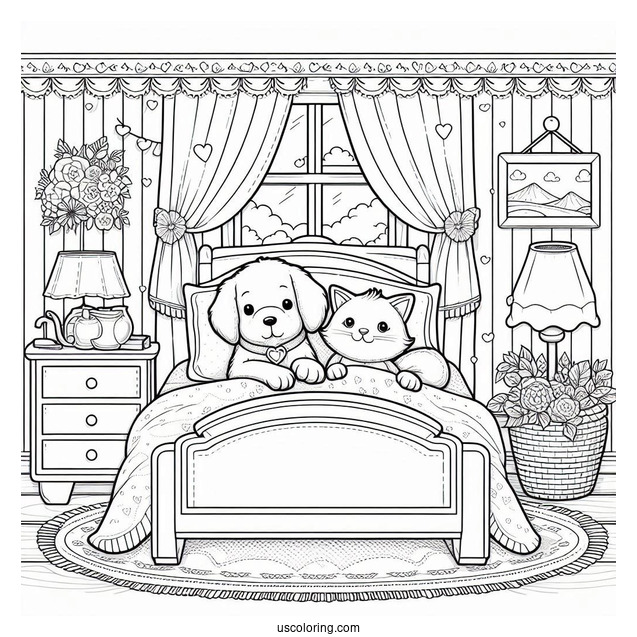 Bedroom Coloring Page Of Dog And Cat Resting On A Bed For Kids