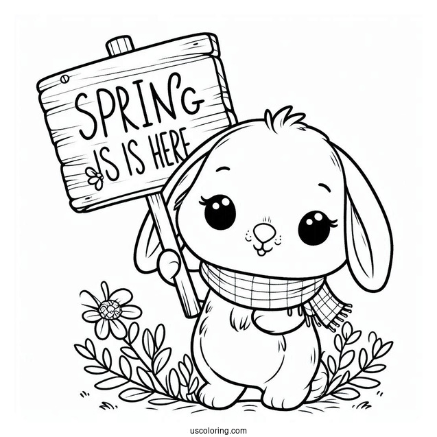 Rabbit Holding A Spring Is Here Sign Coloring Sheet