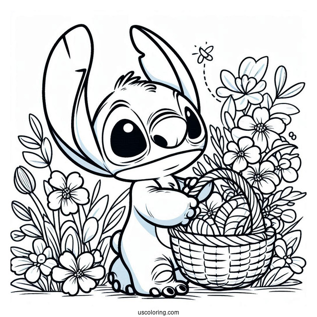 Stitch Carrying A Basket Of Flowers In Spring Coloring Page For Kids