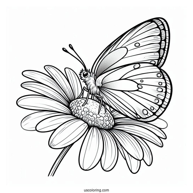 Side Profile Of Butterfly On A Daisy Coloring Sheet