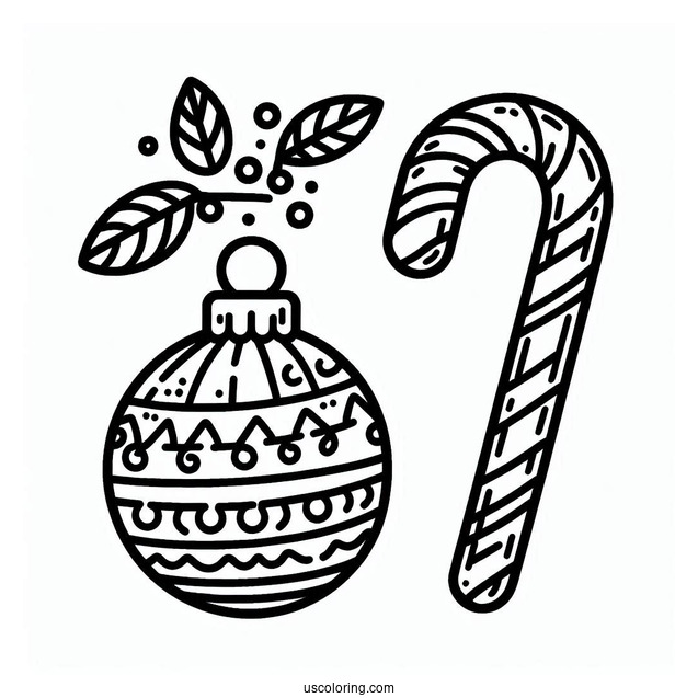 Simple Globes And Candy Cane Outline Christmas Ornaments Coloring Page