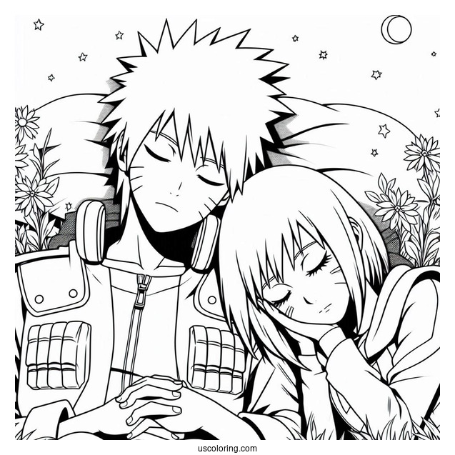 Rin Nohara Sleeping Next To Hatake Kakashi Coloring Page On The Grass