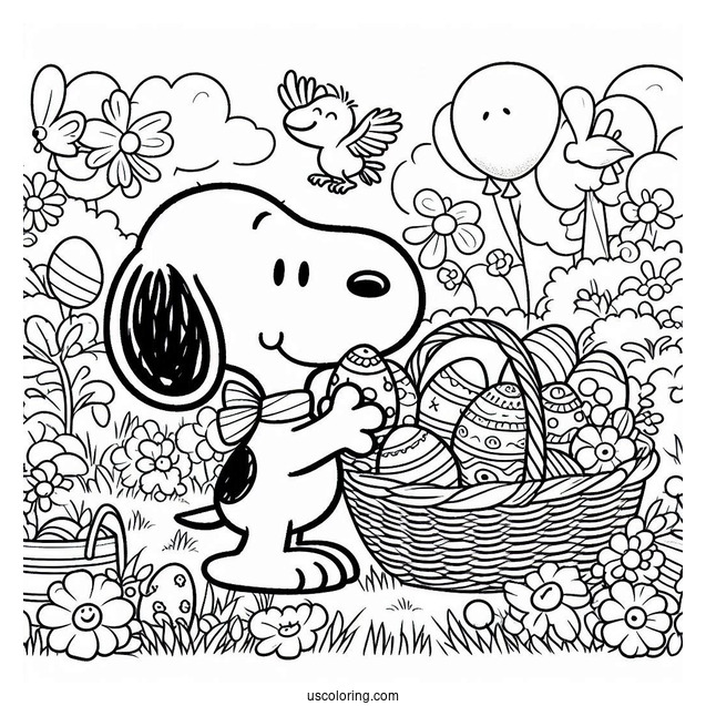 Snoopy Collecting Easter Coloring Page Of Eggs In The Garden